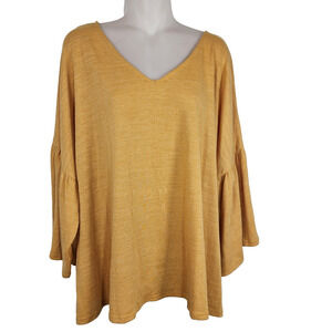 Cable & Gauge Womens Top 2X Textured V Neck 3/4 Flared Sleeve Yellow Pullover